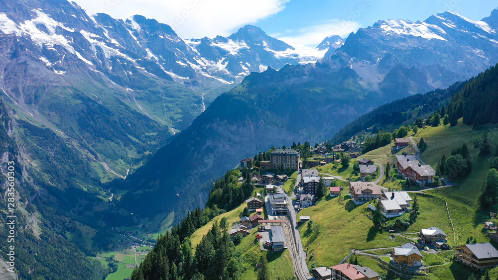 The village of Murren in the Swiss Alps - aerial view The village of Murren in the Swiss Alps - aerial view