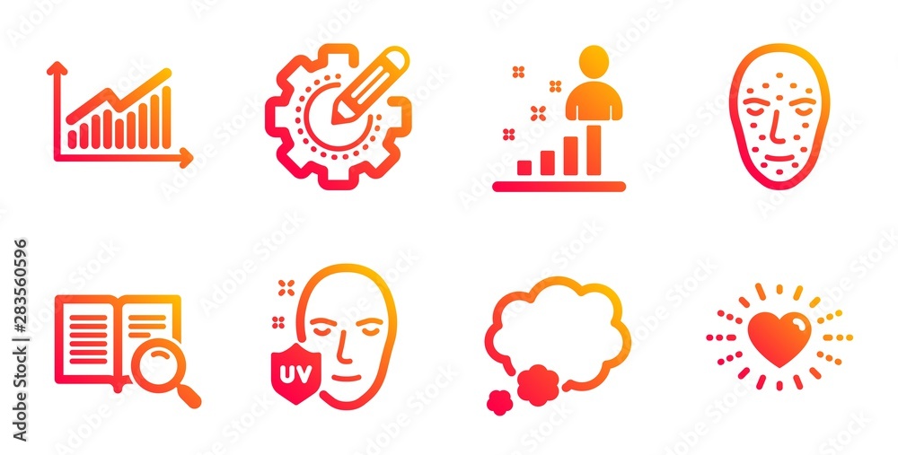 Settings gear, Talk bubble and Uv protection line icons set. Graph, Stats and Face biometrics signs. Search text, Heart symbols. Technology process, Chat message. Business set. Vector Settings gear, Talk bubble and Uv protection line icons set. Graph, Stats and Face biometrics signs. Search text, Heart symbols. Technology process, Chat message. Business set. Vector