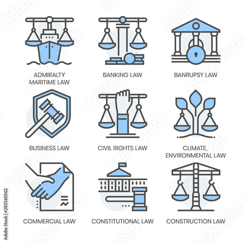 Law fields related, square line color vector icon set for applications and website development. The icon set is pixelperfect with 64x64 grid. Crafted with precision and eye for quality.