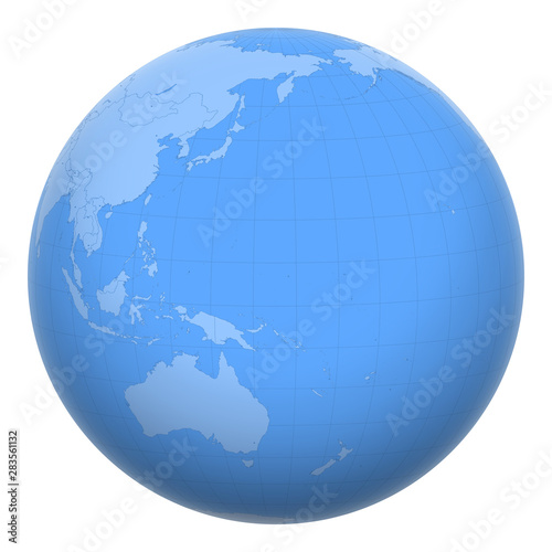 Micronesia (FSM) on the globe. Earth centered at the location of The Federated States of Micronesia. Map of Micronesia. Includes layer with capital cities.