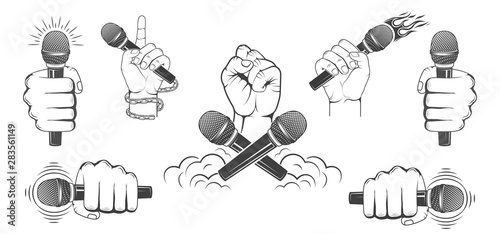 Set of logos. A hand is holding a microfone. Vector graphics.
