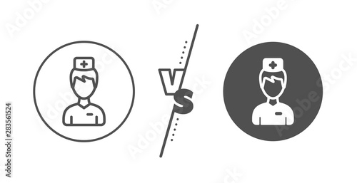 Medicine drugs sign. Versus concept. Doctor line icon. Pharmacy medication symbol. Line vs classic doctor icon. Vector