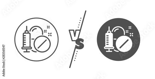 Medicine syringe sign. Versus concept. Medical drugs line icon. Pharmacy medication symbol. Line vs classic medical drugs icon. Vector