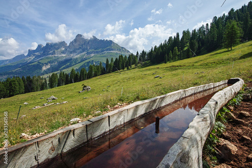 View of Catinaccio Rosengarten massif from the Latemar mountain. Dolomites, Italy