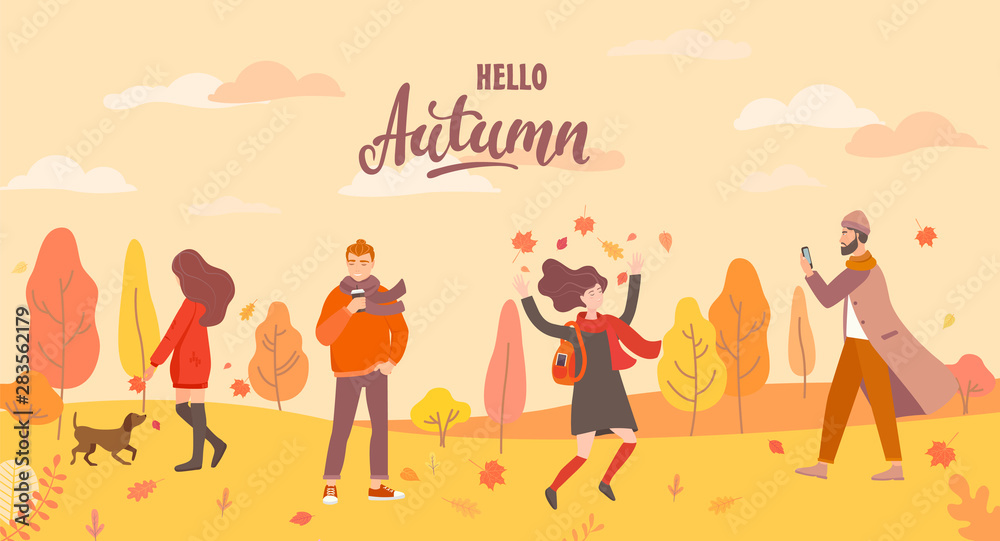 People in the autumn park in different situations - playing with the dog, jumping with fall leaves, man with phone and hipster with coffee. Men and women in season forest. Vector illustration. People in the autumn park in different situations - playing with the dog, jumping with fall leaves, man with phone and hipster with coffee. Men and women in season forest. Vector illustration.