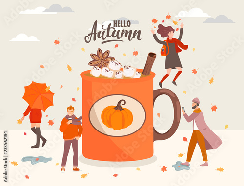 People near the big coffee mug with marshmallow and cinnamon.Girl with umbrella,woman jumping with fall leaves, man with phone and hipster with coffee.Men and women in fall season.Vector illustration.