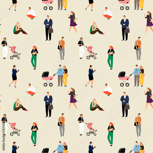 Man woman walk with baby stroll. People pose sit and stand. Vector young family with stroller, leisure walking seamless pattern illustration