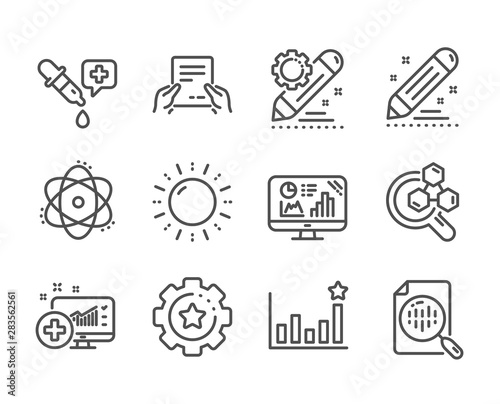 Set of Science icons, such as Atom, Receive file, Brand contract, Chemistry lab, Medical analytics, Analytics chart, Project edit, Efficacy, Chemistry pipette, Sun energy, Settings gear. Vector