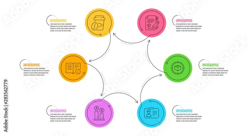 Takeaway coffee, Parcel tracking and Technical info signs. Infographic timeline. Identification card, Ab testing and Copywriting line icons set. Vector