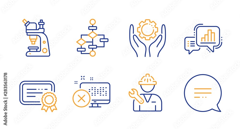 Reject access, Microscope and Certificate line icons set. Graph chart, Block diagram and Repairman signs. Employee hand, Text message symbols. Delete device, Chemistry laboratory. Vector Reject access, Microscope and Certificate line icons set. Graph chart, Block diagram and Repairman signs. Employee hand, Text message symbols. Delete device, Chemistry laboratory. Vector
