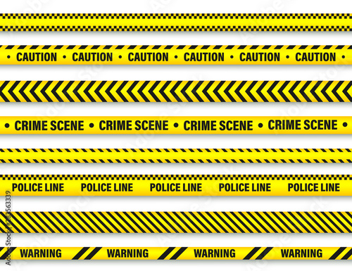 Yellow and Black Barricade Construction Tape Collection. Police Warning Line. Brightly Colored Danger or Hazard Stripe. Vector illustration. © 32 pixels