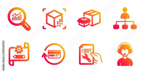 Data analysis, Augmented reality and Cogwheel blueprint line icons set. Packing boxes, Repair document and Management signs. Refund commission, Consultant symbols. Vector