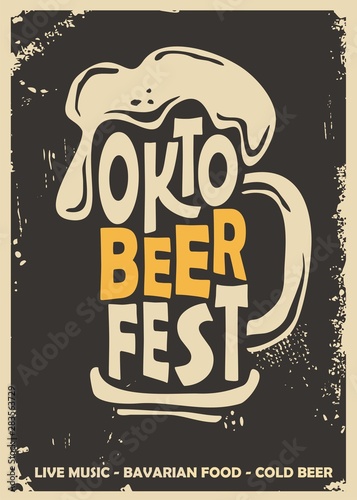 Oktoberfest promotional poster design idea with beer mug. Beer festival flyer concept on dark background and old paper texture. Vector image.