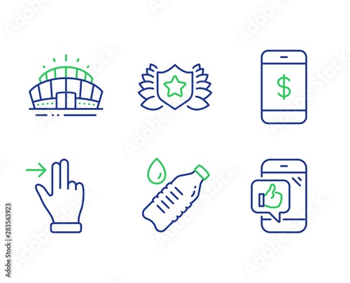 Arena stadium, Water bottle and Smartphone payment line icons set. Laureate, Touchscreen gesture and Mobile like signs. Sport complex, Still drink, Mobile pay. Award shield. Business set. Vector