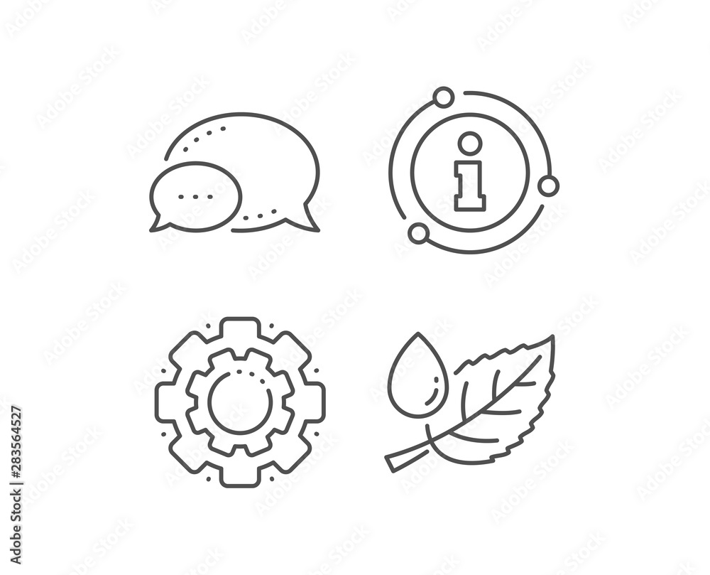 Mint leaf with water drop line icon. Chat bubble, info sign elements. Nature plant dew sign. Environmental care symbol. Linear leaf dew outline icon. Information bubble. Vector