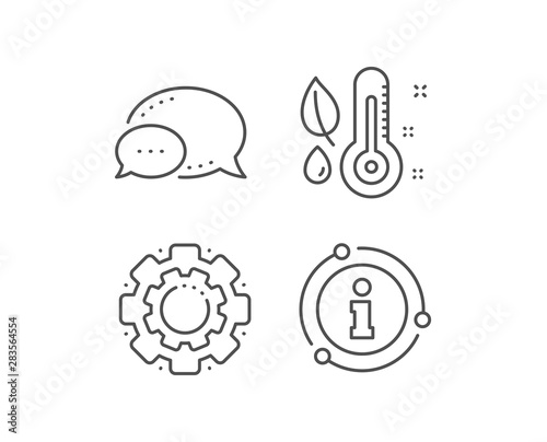 Thermometer line icon. Chat bubble, info sign elements. Humidity and leaf sign. Moisture symbol. Linear thermometer outline icon. Information bubble. Vector