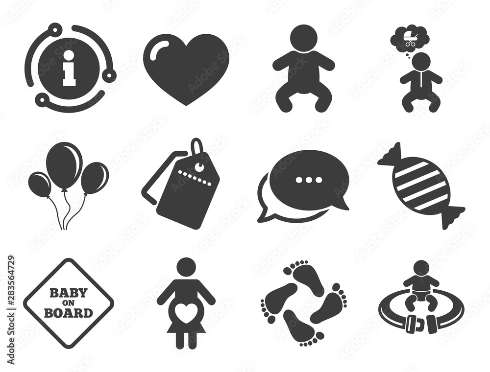 Candy, strollers and fasten seat belt signs. Discount offer tag, chat, info icon. Pregnancy, maternity and baby care icons. Footprint, love and balloon symbols. Classic style signs set. Vector