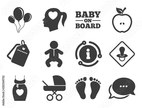 Air balloon, baby carriage and pacifier signs. Discount offer tag, chat, info icon. Pregnancy, maternity and baby care icons. Footprint, apple and newborn symbols. Classic style signs set. Vector