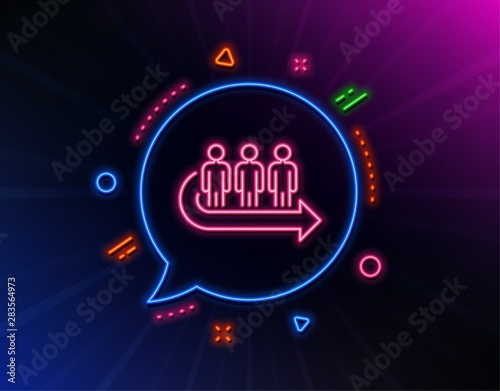 Queue line icon. Neon laser lights. People waiting sign. Direction arrow symbol. Glow laser speech bubble. Neon lights chat bubble. Banner badge with queue icon. Vector
