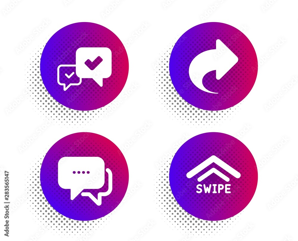 Share, Approve and Message icons simple set. Halftone dots button. Swipe up sign. Link, Accepted message, Chat bubble. Scrolling arrow. Business set. Classic flat share icon. Vector Share, Approve and Message icons simple set. Halftone dots button. Swipe up sign. Link, Accepted message, Chat bubble. Scrolling arrow. Business set. Classic flat share icon. Vector