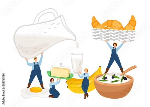 Breakfast illustration. Tiny farmers characters with milk, bread, butter, fruits isolated on white background. Illustration of breakfast milk and eggs, fruit and drink