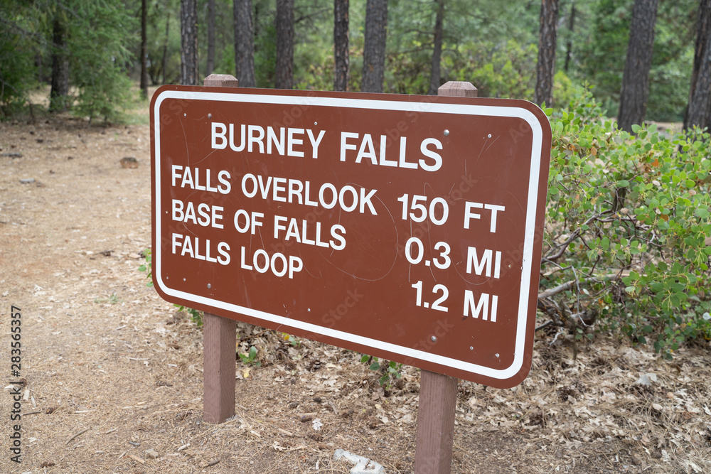 Trailhead information sign for trails around Burney Falls in McArthur-Burney Falls waterfall state park in California