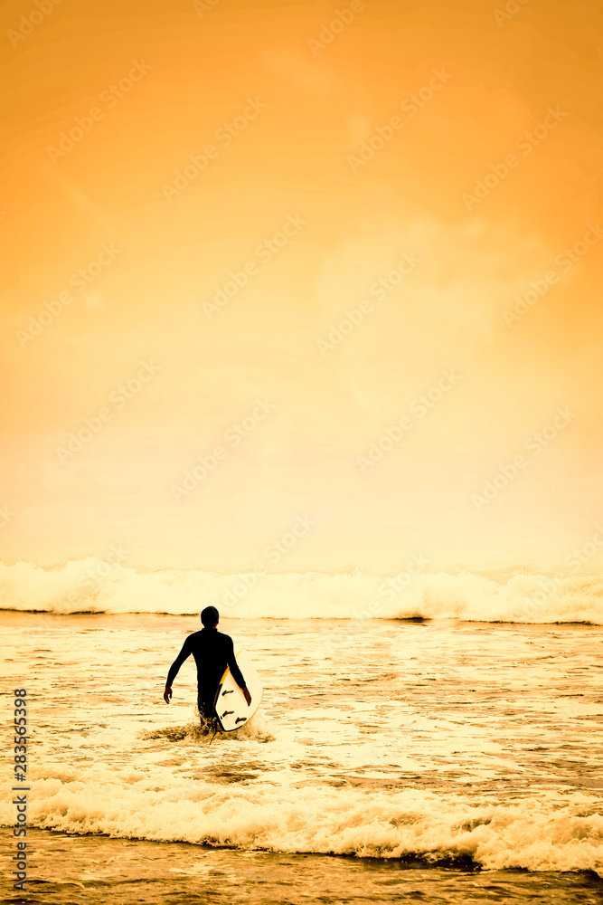 Surfer on the beach and sandy sea shore with the beautiful golden sunset  view.