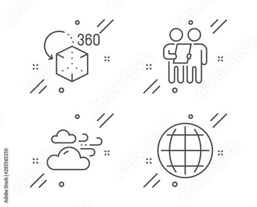 Windy weather, Survey and Augmented reality line icons set. Globe sign. Cloud wind, Contract, Virtual reality. Internet world. Science set. Line windy weather outline icon. Vector