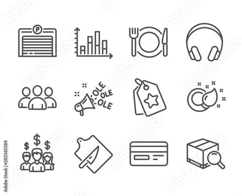 Set of Business icons, such as Salary employees, Group, Parking garage, Restaurant food, Search package, Ole chant, Cutting board, Paint brush, Diagram graph, Loyalty tags, Headphones. Vector