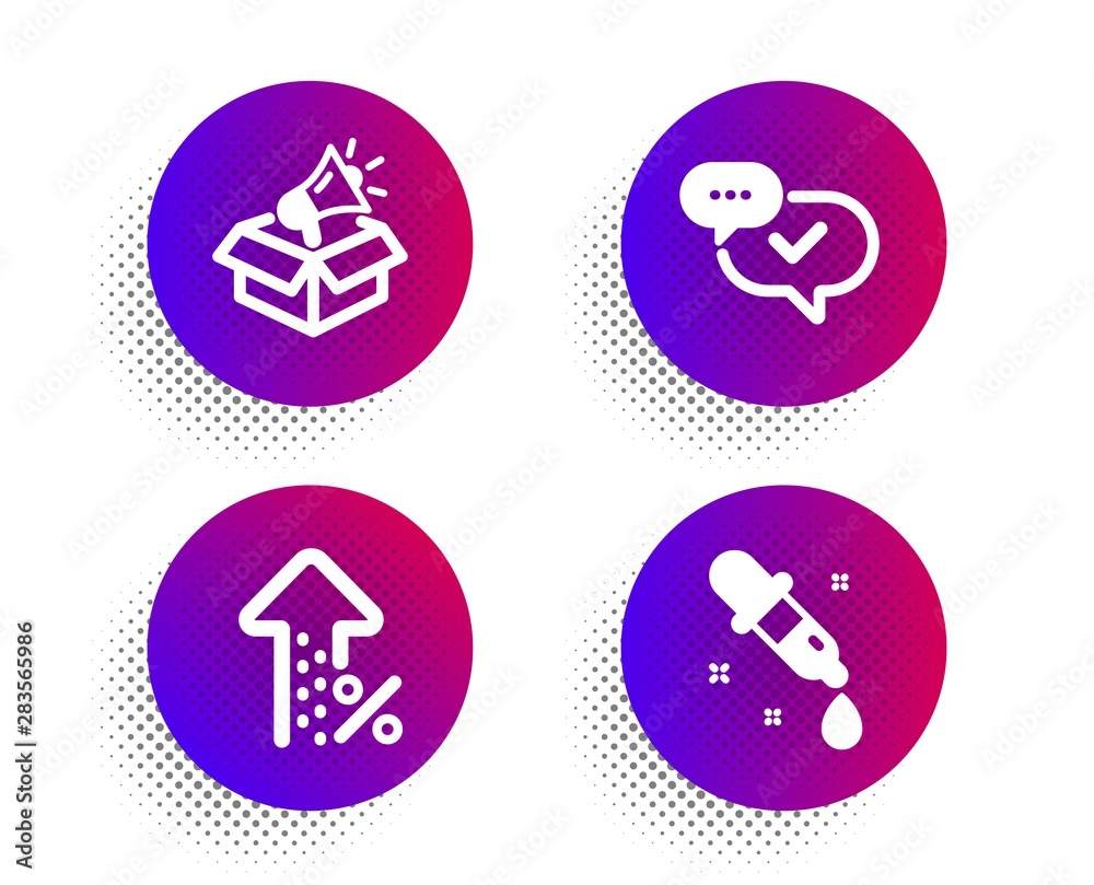Approved, Increasing percent and Megaphone box icons simple set. Halftone dots button. Chemistry pipette sign. Chat message, Discount, Brand marketing. Laboratory. Technology set. Vector Approved, Increasing percent and Megaphone box icons simple set. Halftone dots button. Chemistry pipette sign. Chat message, Discount, Brand marketing. Laboratory. Technology set. Vector