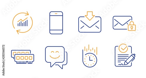 Fast delivery, Smile face and Update data line icons set. Ram, Secure mail and Incoming mail signs. Smartphone, Rfp symbols. Stopwatch, Chat. Technology set. Line fast delivery icon. Vector