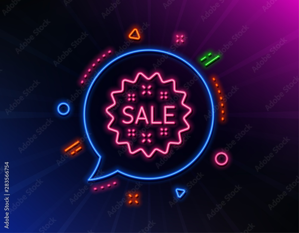 Sale line icon. Neon laser lights. Shopping discount sign. Clearance symbol. Glow laser speech bubble. Neon lights chat bubble. Banner badge with sale icon. Vector