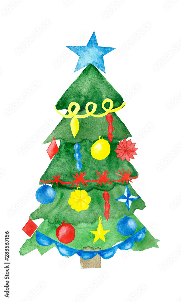 Watercolor hand painted winter new year christmas green tree with blue star and colorful decoration 