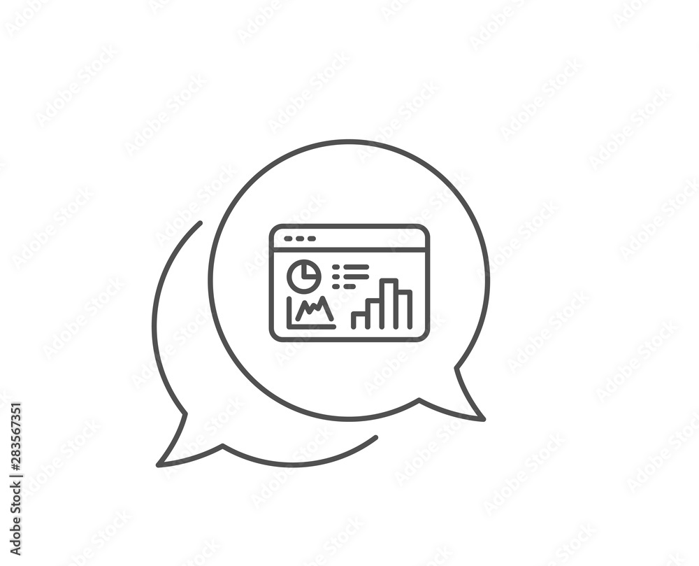 Naklejka premium Seo statistics line icon. Chat bubble design. Search engine optimization sign. Analytics chart symbol. Outline concept. Thin line seo statistics icon. Vector