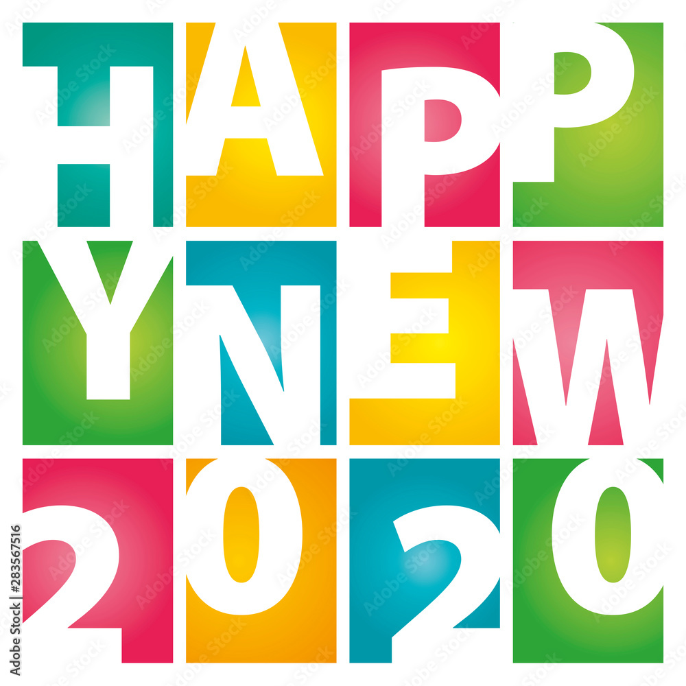 Happy New Year 2020 rectangle negative space color letters white background