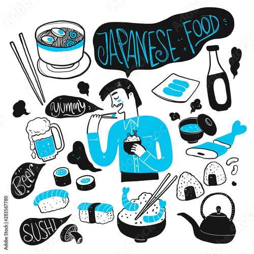 The man and japanese food.  Collection of hand drawn, Vector illustration in sketch doodle style.