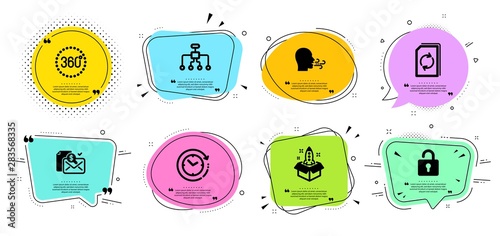 Startup, Restructuring and 360 degrees line icons set. Chat bubbles with quotes. Time change, Accounting report and Update document signs. Lock, Breathing exercise symbols. Vector