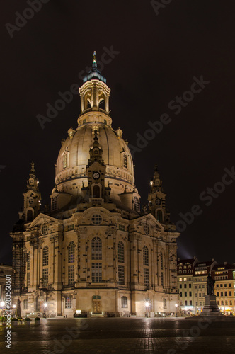 Classic nightshot of Dresden s Frauenkirche  illuminated by spotlights.