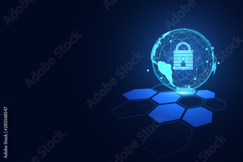 Abstract technology world cyber security privacy information network concept padlock protection digital network internet link on hi tech blue future background