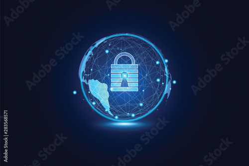 Abstract technology world cyber security privacy information network concept padlock protection digital network internet link on hi tech blue future background