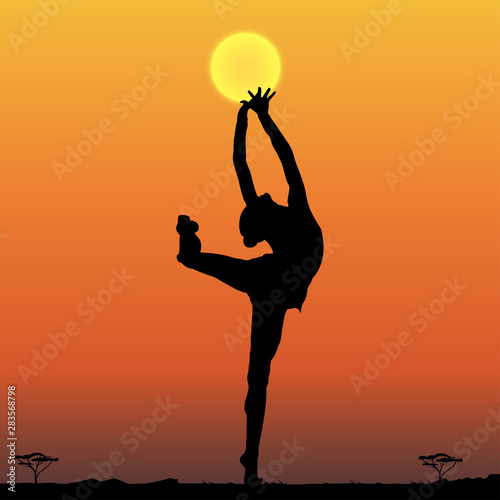 Gymnast Silhouette in Beautiful Sunset. Vector Illustration