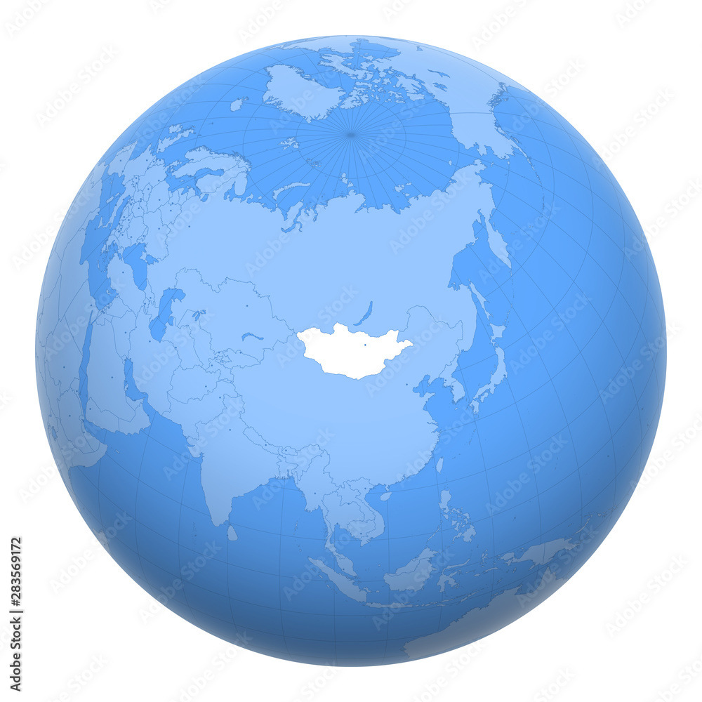 Mongolia on the globe. Earth centered at the location of Mongolia. Map of Mongolia. Includes layer with capital cities. Mongolia on the globe. Earth centered at the location of Mongolia. Map of Mongolia. Includes layer with capital cities.