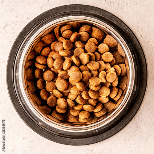 steel bowl full of dog food on marble background flat lay top view photo