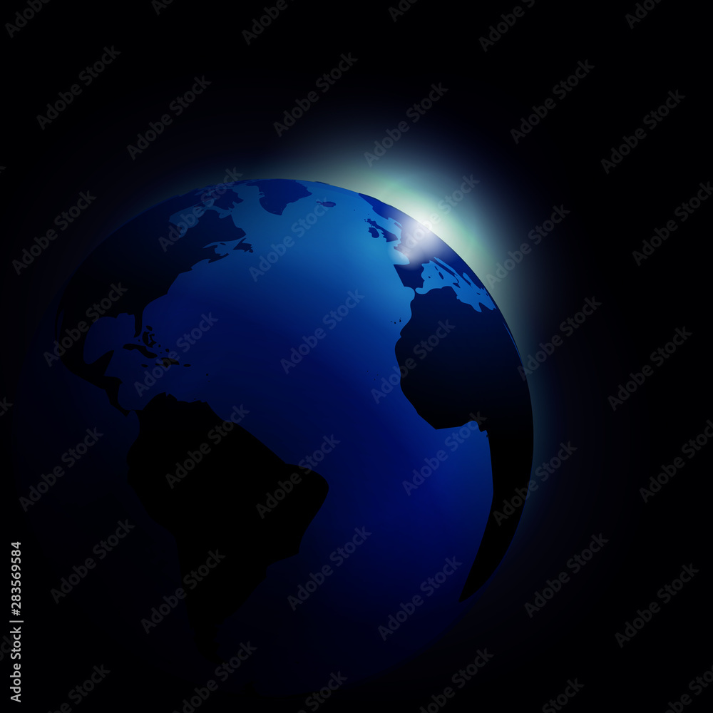 Planet Earth and sunrise into space background