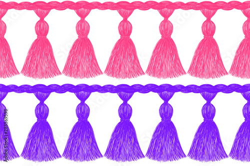Tassel patterns set. Fringe borders. Knitting. Sewing. Trendy fashion design. Sketch. Clothes decoration. Ethnic. Folk. Vintage. Boho style.