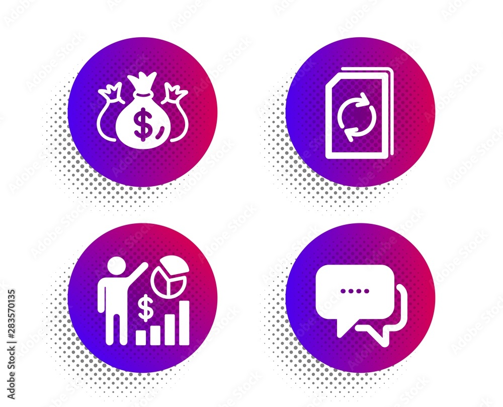 Update document, Check investment and Seo statistics icons simple set. Halftone dots button. Message sign. Refresh file, Business report, Analytics chart. Chat bubble. Technology set. Vector