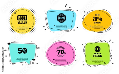 Up to 20% Discount. Best seller, quote text. Sale offer price sign. Special offer symbol. Save 20 percentages. Quotation bubble. Banner badge, texting quote boxes. Discount tag text. Vector