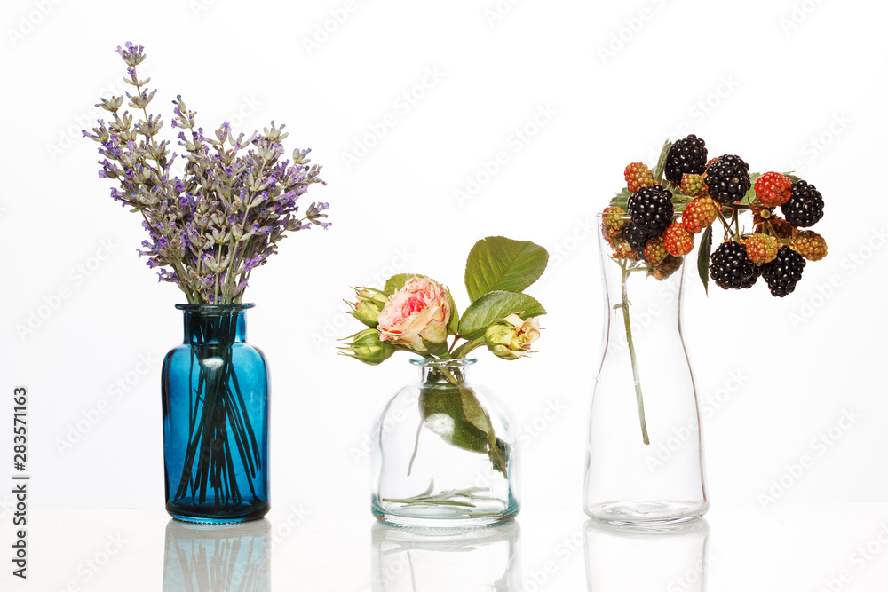 Obraz premium Flowers and herbs in glass bottles. Abstract flower bouquets in bottles isolated on white