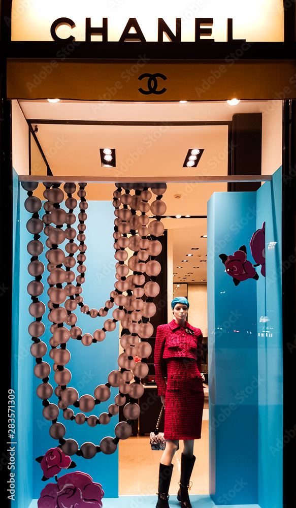 Detail from Chanel shop in Florence, Italy. Chanel is French fashion  company founded at 1909 in Paris. Stock Photo