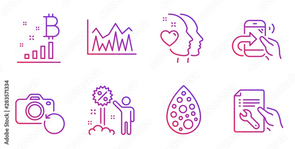 Artificial colors, Bitcoin graph and Discount line icons set. Heart, Share call and Investment signs. Recovery photo, Repair document symbols. Natural flavor, Cryptocurrency analytics. Vector Artificial colors, Bitcoin graph and Discount line icons set. Heart, Share call and Investment signs. Recovery photo, Repair document symbols. Natural flavor, Cryptocurrency analytics. Vector